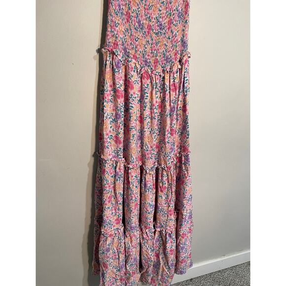 Anthropologie Abel The Label Pink Floral Smocked Tiered Off Shoulder Maxi Dress - Picture 3 of 9